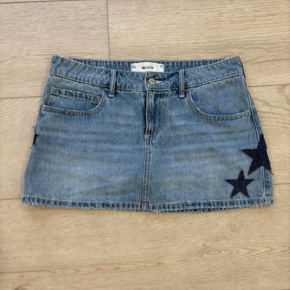 Hollister Light Blue Denim Mini Skirt with Navy Star Appliqués